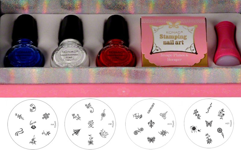 Kit Konad Boite rose - 3 vernis et 4 plaques